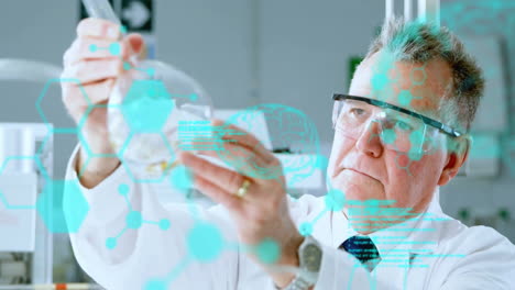 animation of chemical formula and data processing over caucasian male scientist doing experiment