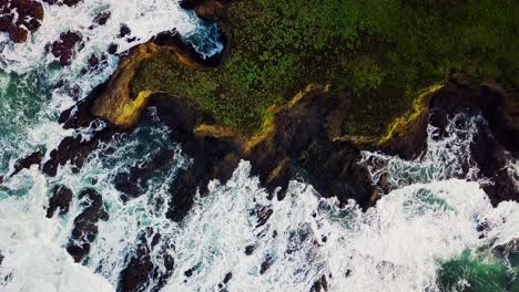 waves swirl around rocky cliffs on the california coast at sunrise