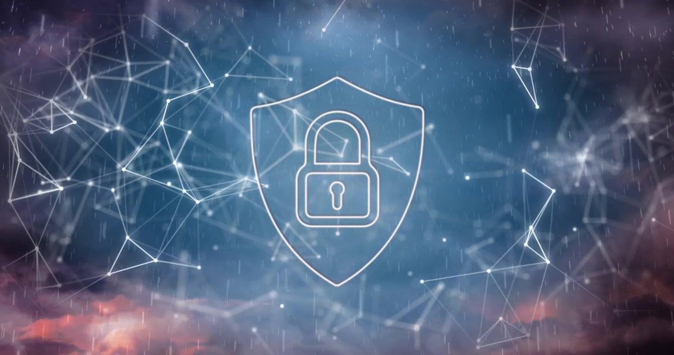 Icona scudo di sicurezza digitale con connessioni di rete ed effetto pioggia
