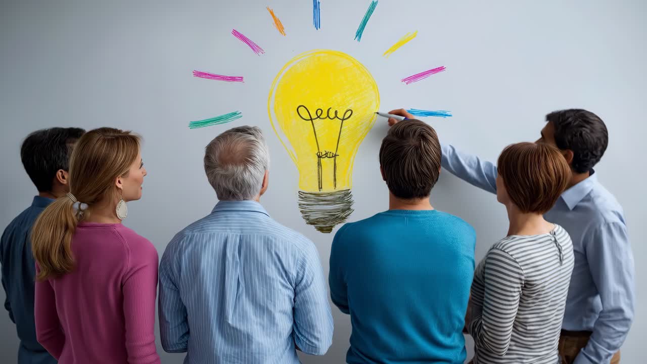 Gruppo di persone che fanno brainstorming con un disegno di una lampadina