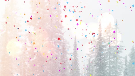 animation of confetti falling over christmas trees in winter scenery