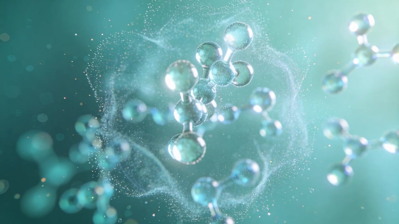 Membrana increspata che forma un ammasso vitreo che ruota e si sposta al centro in una nebbia verde acqua, con particelle.