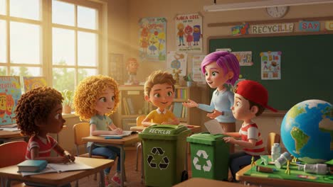 animated classroom scene where kids engage in recycling project, discussing learning about environmental care and sustainability with enthusiastic teacher guidance