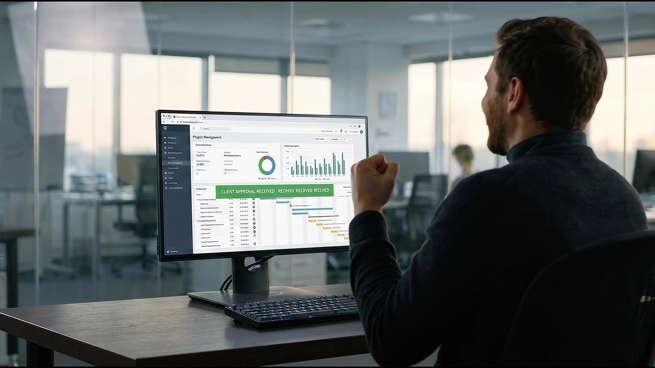 Professional Celebrating Success While Working on Project Management Software