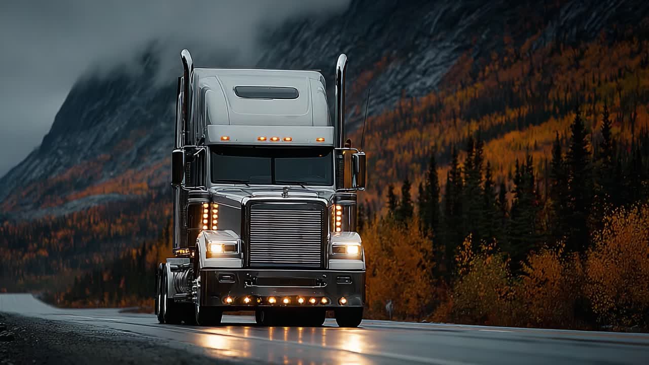 A Majestic Freight Truck Driving Through a Scenic Autumn Landscape with Vibrant Colors and Dramatic Mountains in the Background
