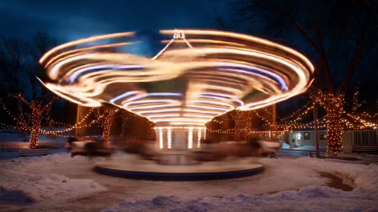 A Whirling Carousel Illuminated by Twinkling Christmas Lights Spins Gracefully in a Winter Wonderland, Capturing the Essence of Holiday Joy and Nostalgia Under the Night Sky