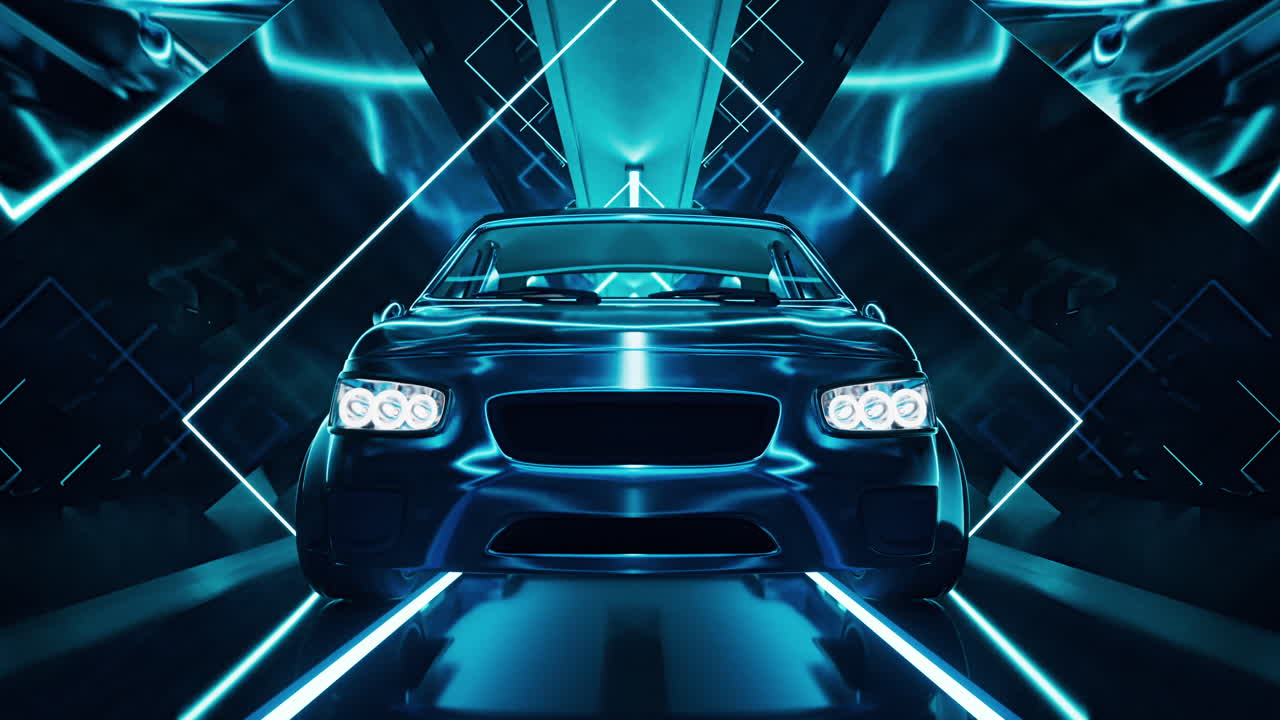 어두운 네온 터널에서 3d 렌더링