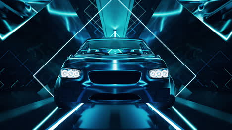 coche en el túnel de neón oscuro, renderización en 3d.