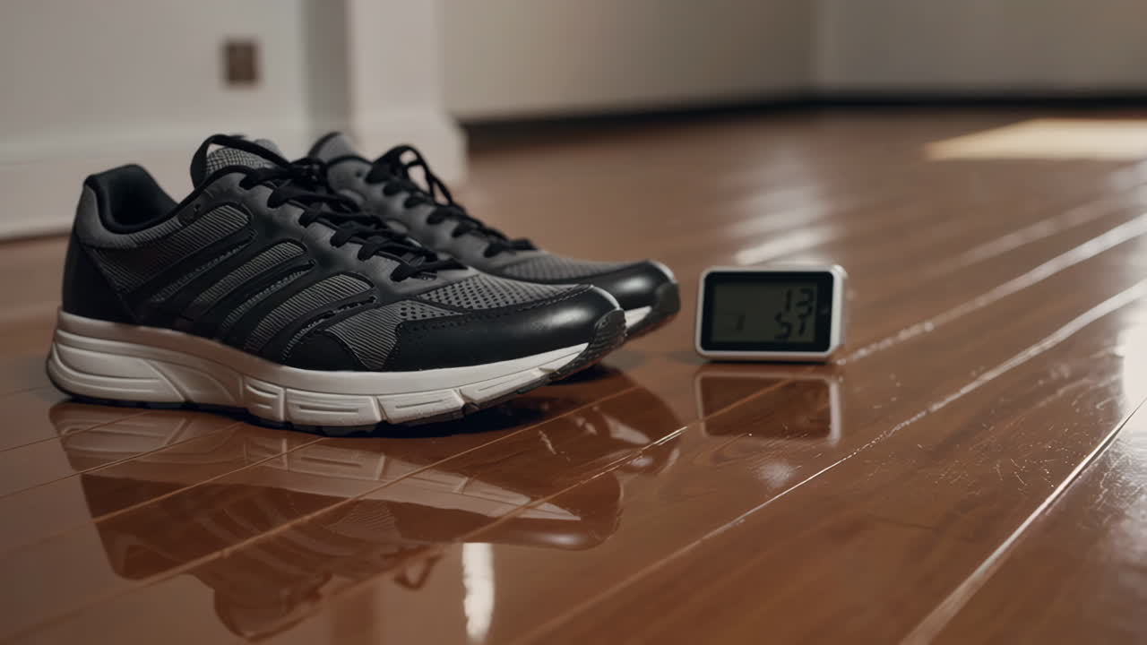 Running shoes and a digital timer on a wooden floor