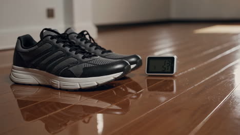 running shoes and a digital timer on a wooden floor