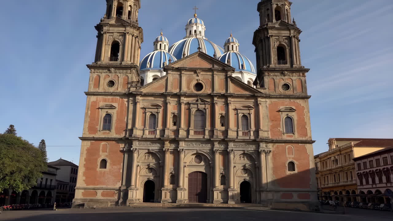 Architectural view of a grand cathedral with blue domes