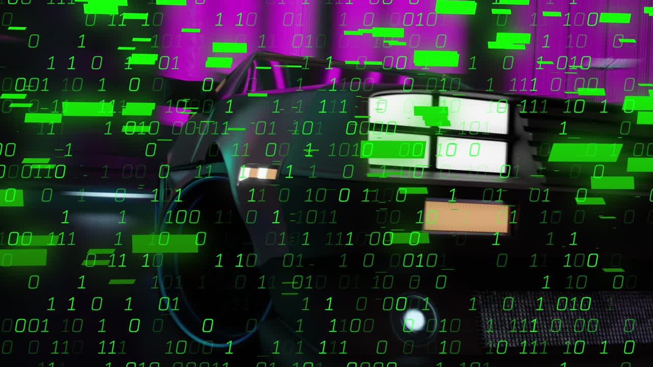 animación de la interfaz digital con codificación binaria sobre la conducción del coche