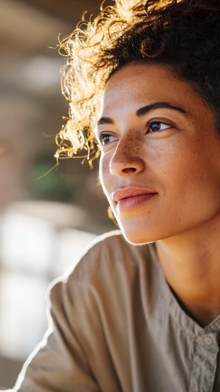 Contemplative Woman with Curly Hair Reflecting in Natural Light, Capturing a Moment of Serenity and Thoughtfulness in an Inspiring Setting