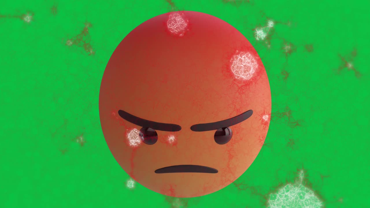 초록색 배경에 있는 이모지 아이콘 위에 있는 분자의 애니메이션