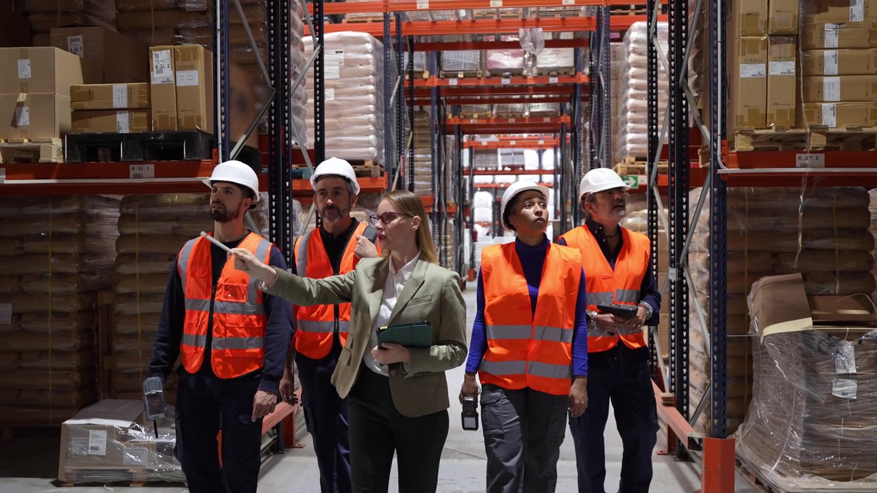 Warehouse Manager Leading Team of Workers Through Storage Facility