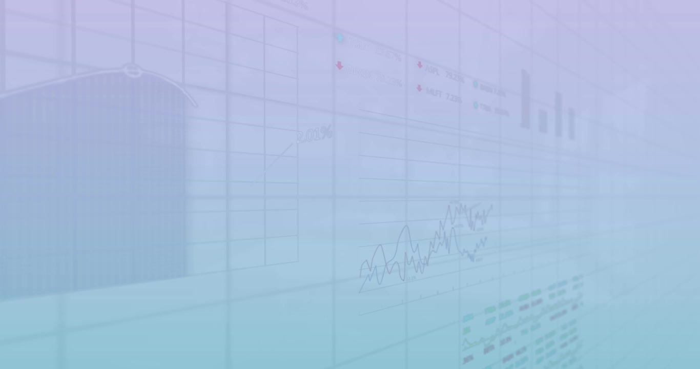 Animation of statistical and stock market data processing against blue gradient background