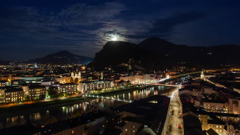 salzburg moonrise and skyline at night