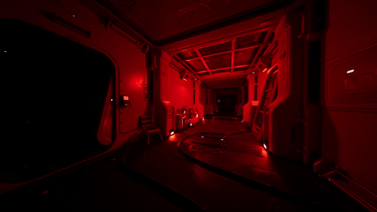 y corredor de la nave espacial iluminado en rojo oscuro