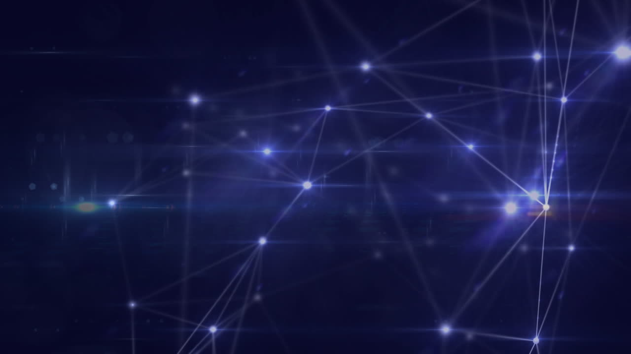 animación de puntos conectados con líneas sobre llamaradas de lente contra un fondo abstracto.