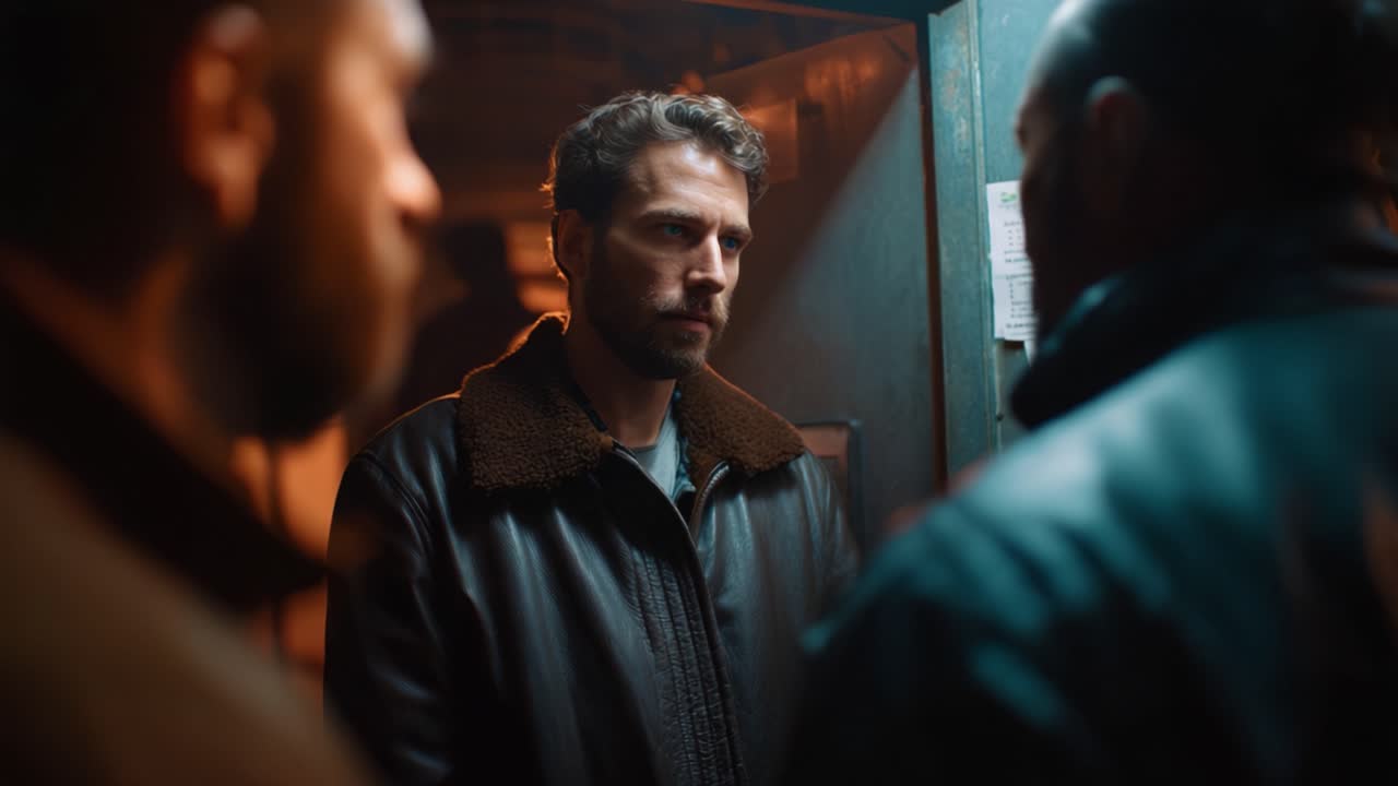 In a dimly lit space, a tense confrontation unfolds as a man, wearing a brown leather jacket, faces two others, highlighting themes of conflict and suspense