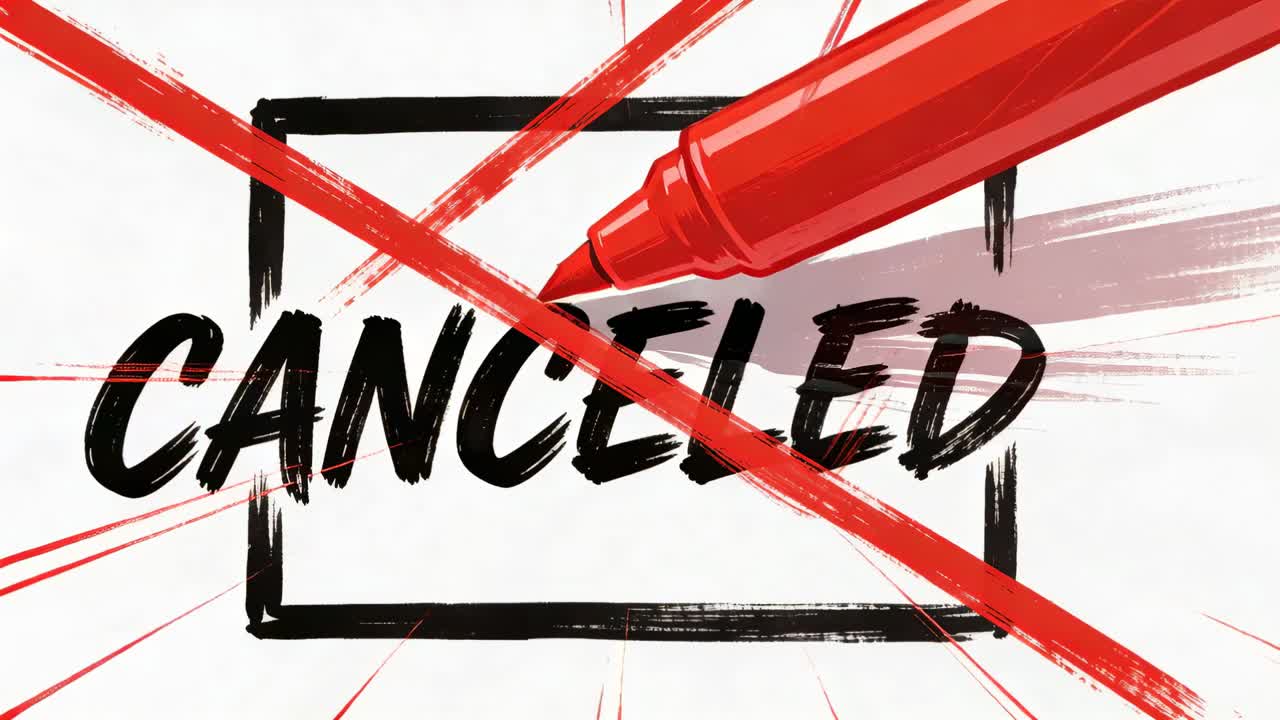 Black rectangle CANCELED being crossed by red marker entering right, drawing X finalizing on white