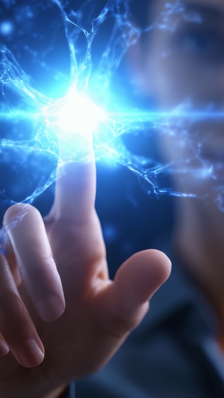Una persona interactúa con una esfera luminosa y llena de energía al tocarla con un dedo, lo que simboliza la conexión entre la tecnología y la innovación humana.