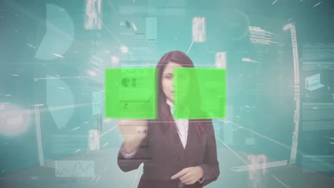 Animation-of-businesswoman-using-touchscreen-with-greenscreen-and-interface-processing-data