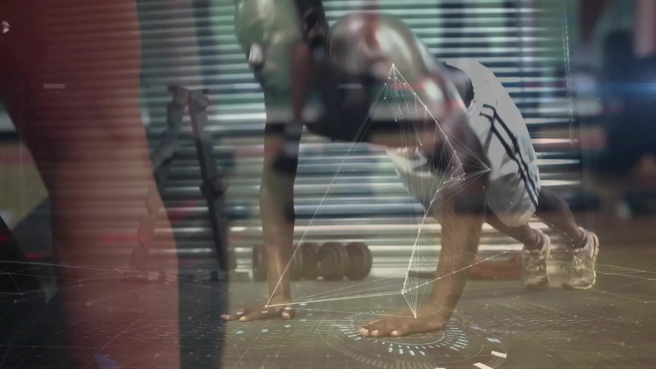 man performing plank exercise in gym, with animated network graphics highlighting performance data