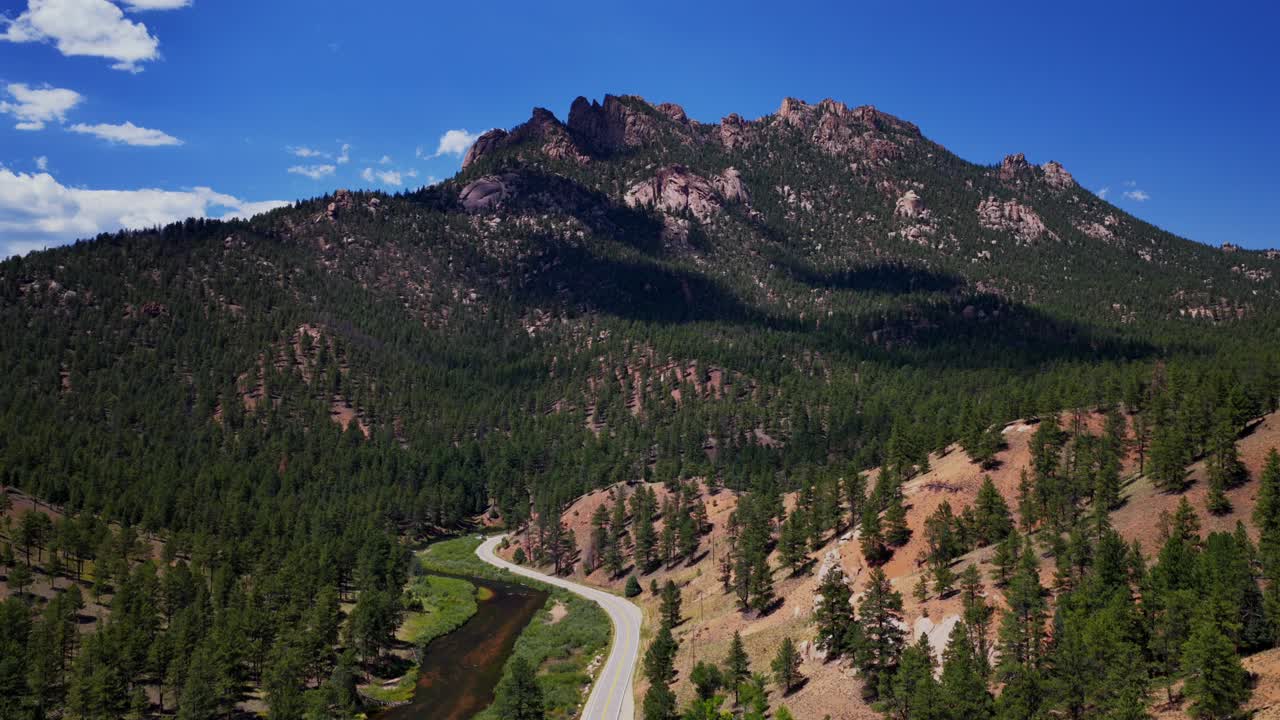 Summer Deckers South Platte River Conifer Pine aerial drone Colorado Trail Foxton North Fork Buffalo Creek Platte Canyon morning sunny blue sky Pike National Forest windy road upwards