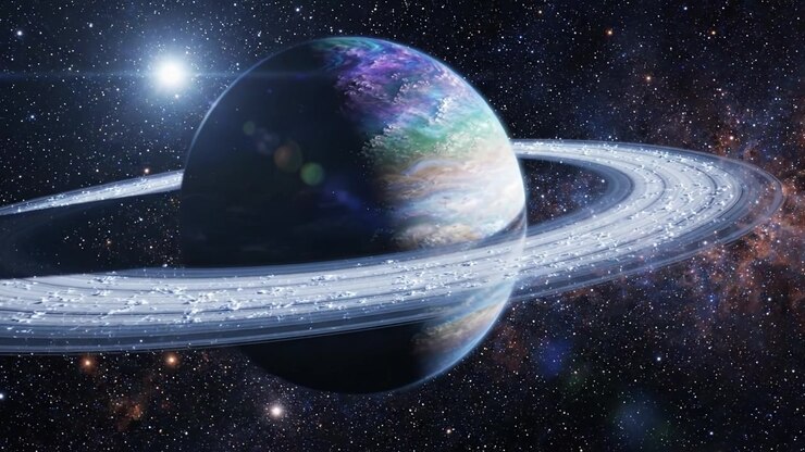 A Stunning Cosmic View of a Majestic Planet Surrounded by Brilliant Rings, Set Against the Backdrop of a Star-Studded Galaxy in the Vastness of Space