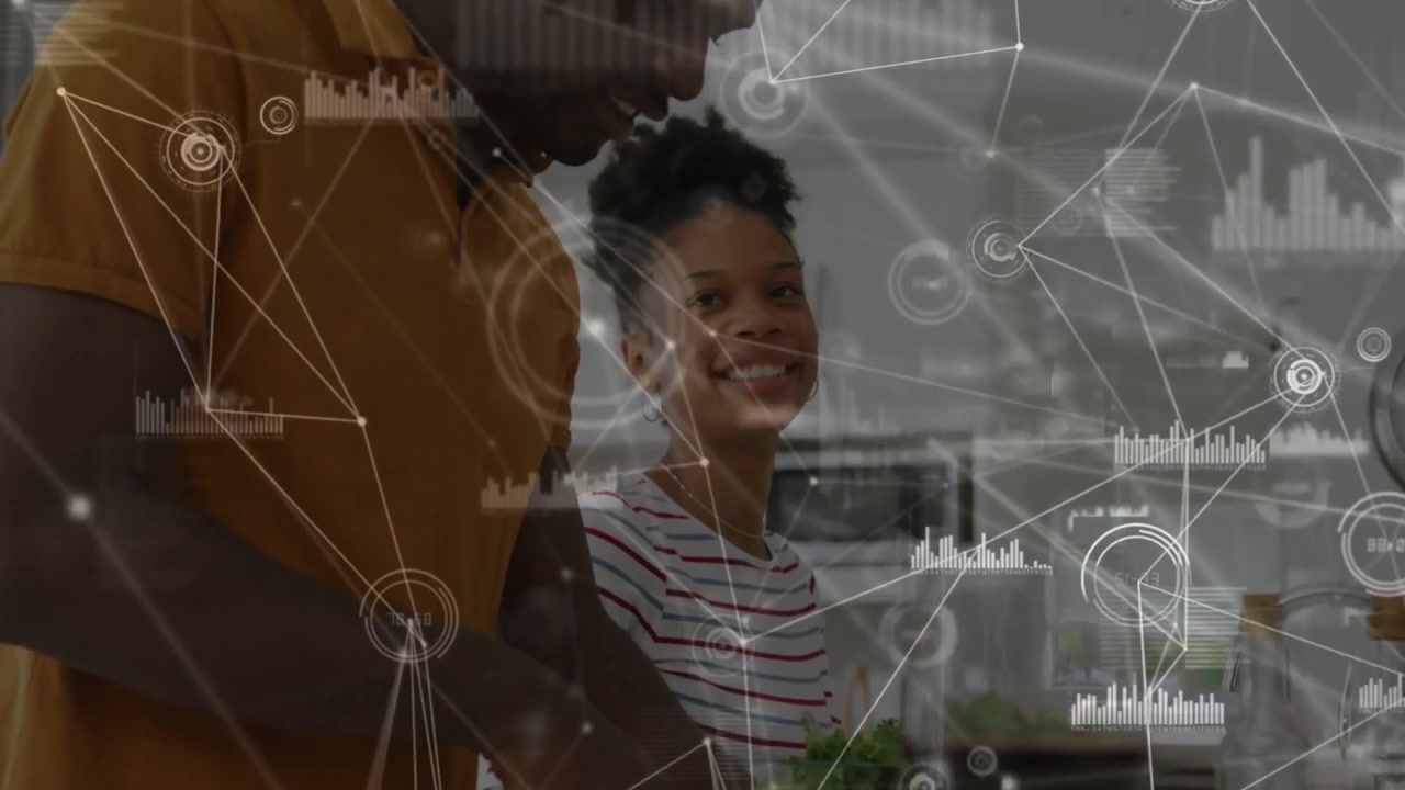 Man chopping food at counter triggers tech overlay growth, woman smiling, overlay highlighting food