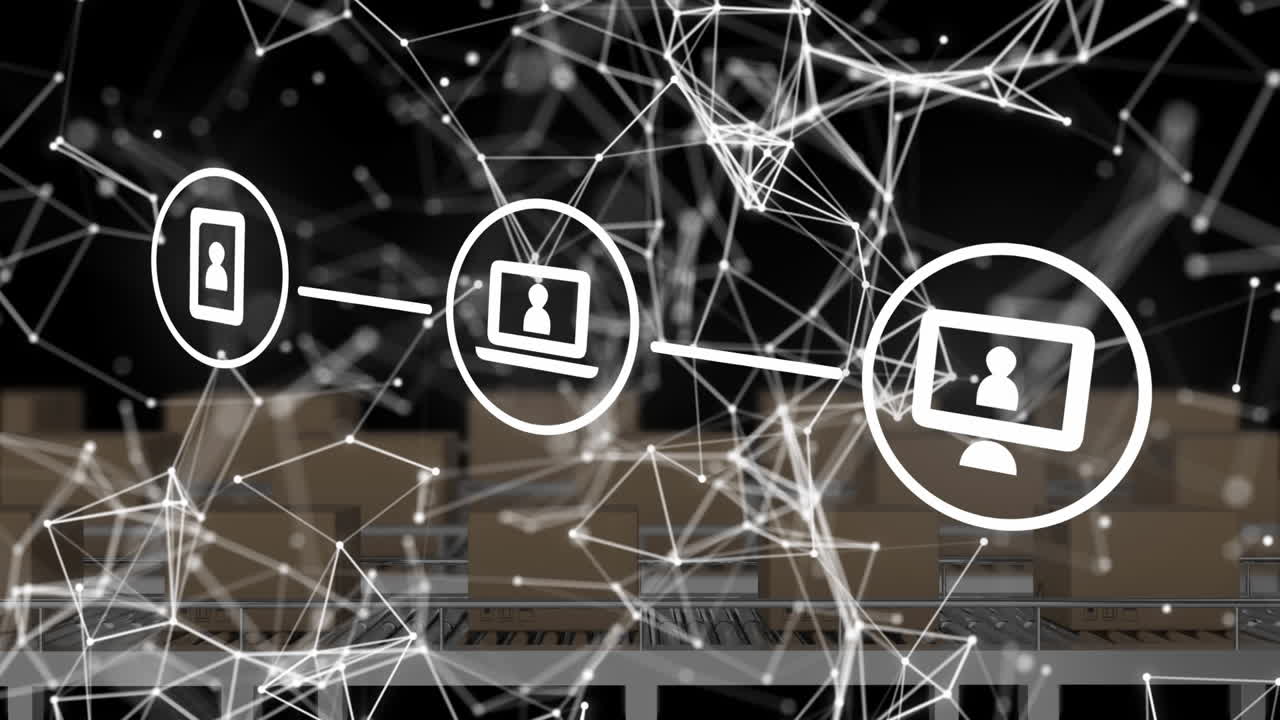 animación de iconos de medios sobre cajas en la cinta transportadora