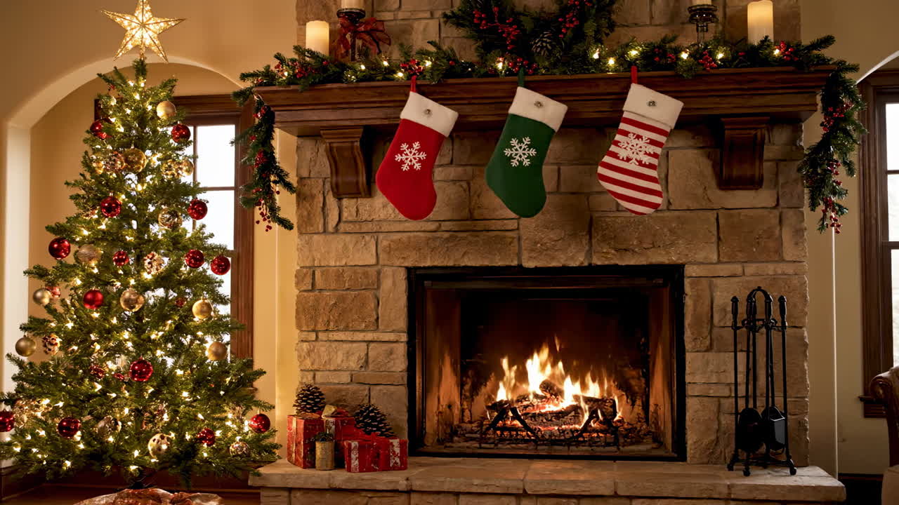 Cozy holiday scene: fire and tree. A warm living room features a decorated Christmas tree and stockings hung by a stone fireplace