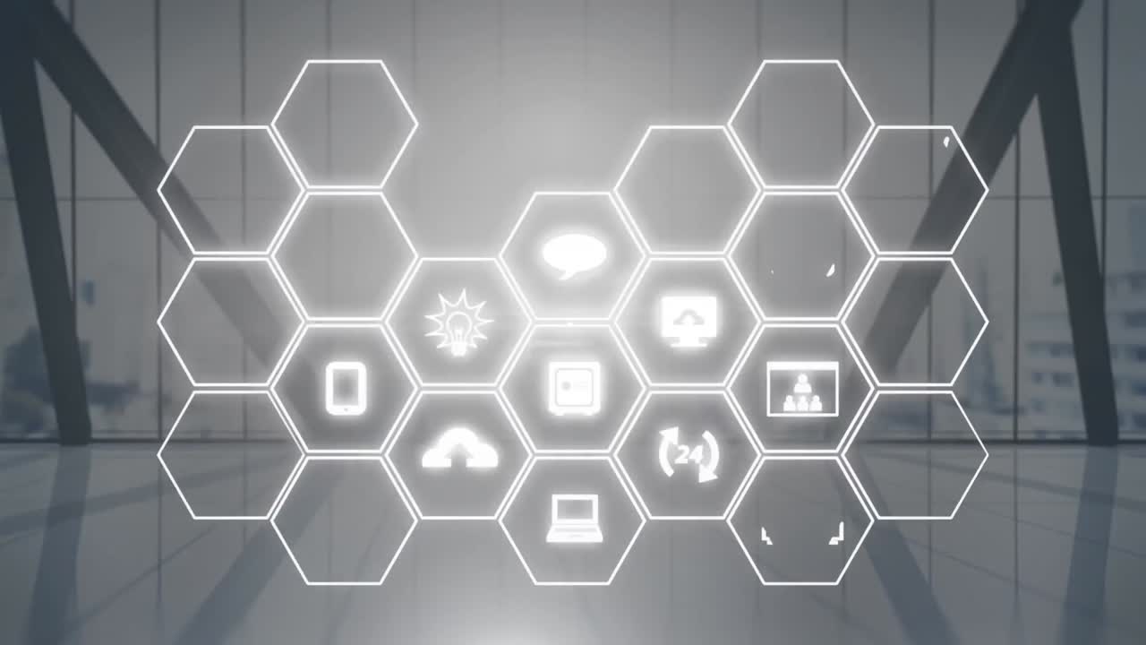 Animation of network of hexagons with icons over modern office in background