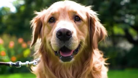 a happy golden retriever enjoying a sunny day in the park, radiating joy and loyalty while surrounded by lush greenery and beautiful flowers
