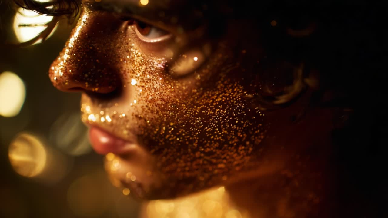 A close-up exploration of a person's visage adorned with shimmering golden glitter, capturing the ethereal beauty of reflecting light, intricate textures, and the artistic expression within an enchanting atmosphere