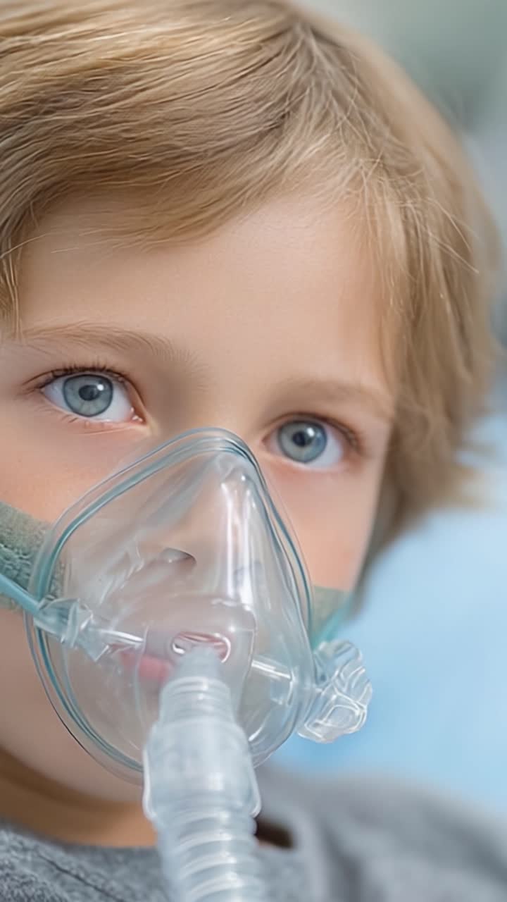 Un bambino piccolo con una maschera respiratoria: catturare l'intenso momento di vulnerabilità, speranza e cure mediche in un ambiente sanitario.
