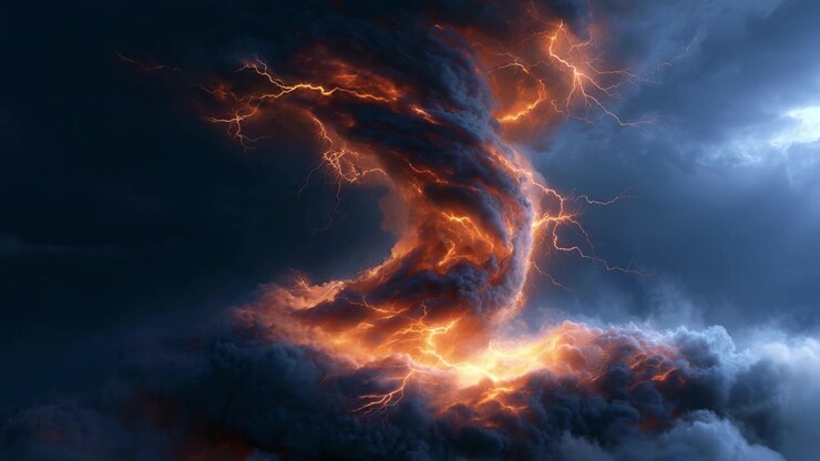 Uno Spettacolo Maestoso della Furia della Natura: Nuvole Vorticose Affascinanti Illuminate da Fulmini Impressionanti in un Cielo Tempestoso Drammatico