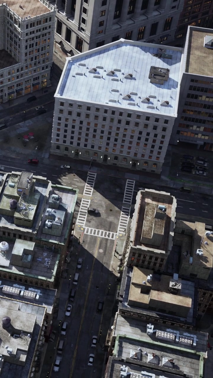 Vista aérea de ruas e edifícios da cidade durante o dia em uma área urbana.