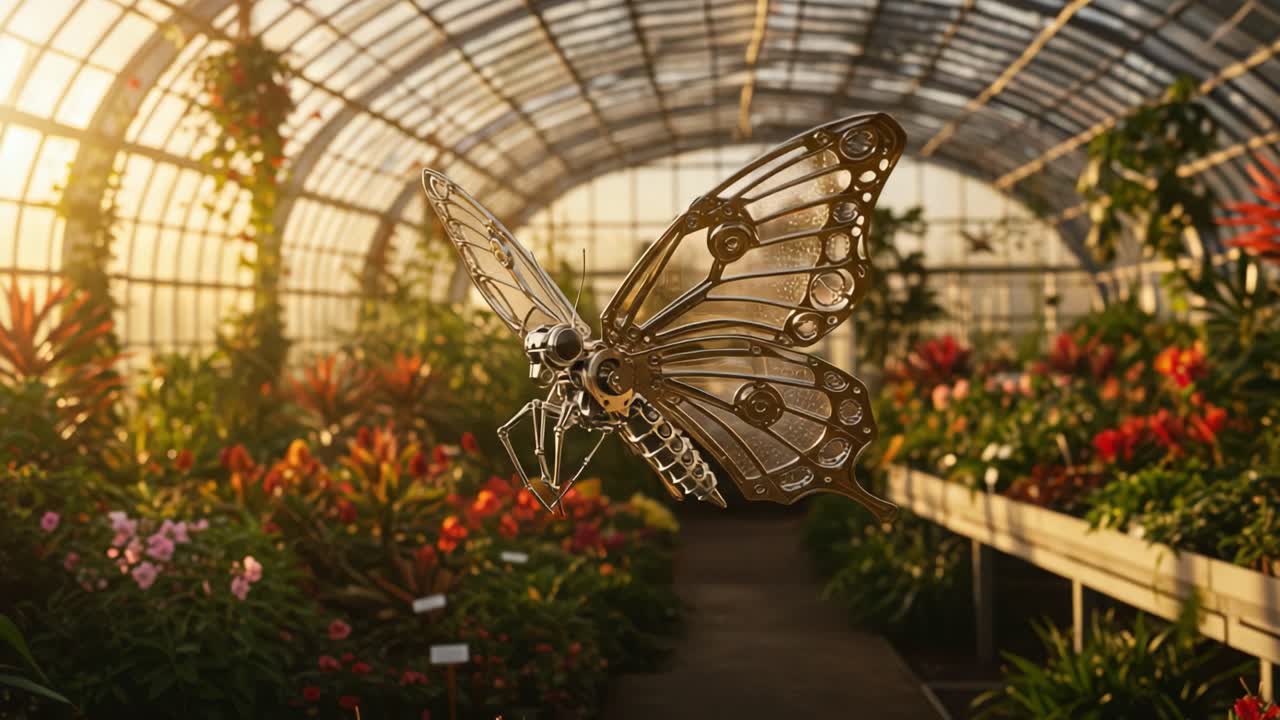 A Stunning Display of Nature's Artistry: A Metal Butterfly Flies Gracefully Through a Lush Greenhouse Filled with Vibrant Flowers and Natural Light