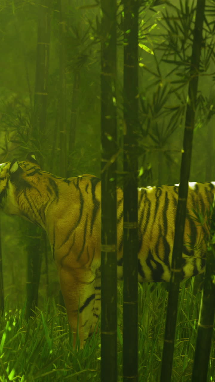 Tiger walking through lush green bamboo forest in sunlight beams