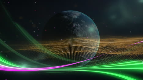 animation of globe spinning with light trails and glowing yellow mesh