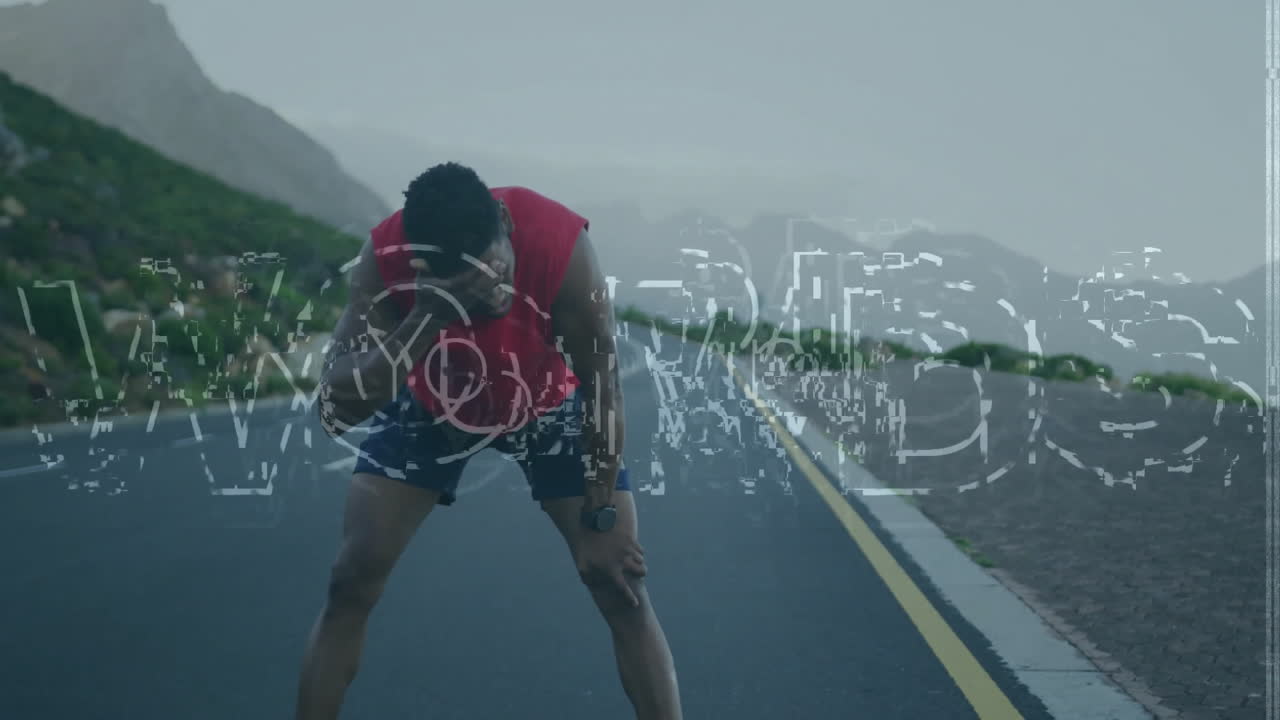 male runner taking break on mountain road, displaying animated fitness tracker data overlay