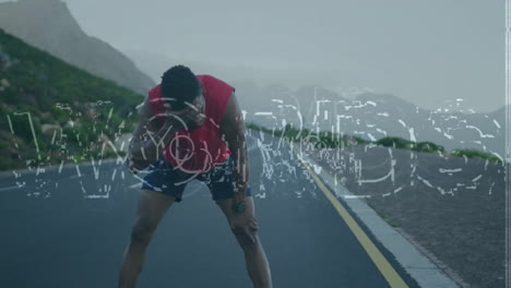 male runner taking break on mountain road, displaying animated fitness tracker data overlay