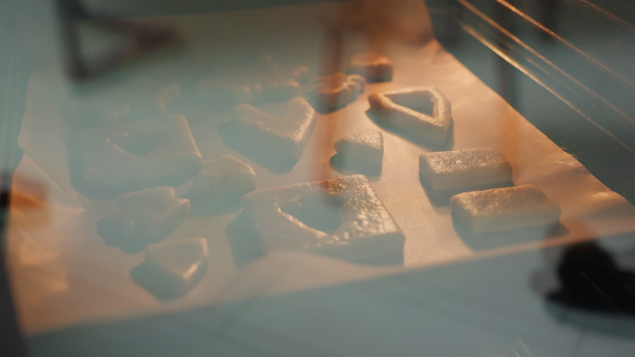 다양한 모양의 황금 쿠키가 오븐 안에서 구워지는 오븐 유리를 통해 볼 수 있습니다. 오븐의 따뜻한 황금빛은 쿠키가 페르가멘트 종이에 구워지면서 빛납니다.