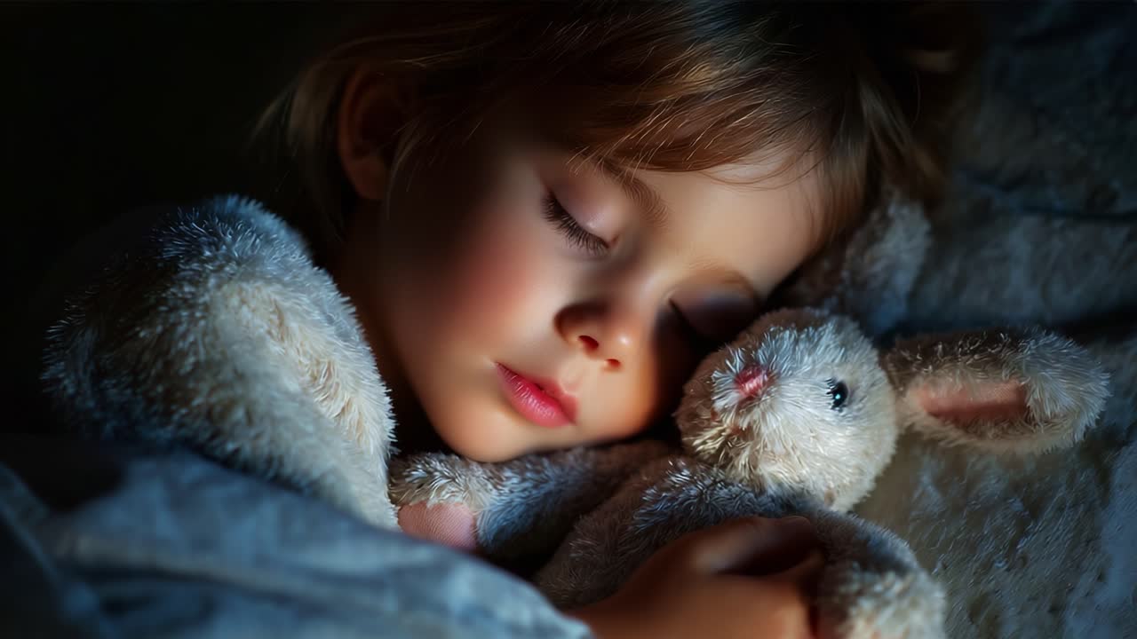 Un momento di pace e serenità cattura l'essenza dell'infanzia mentre un bambino dorme beatamente, stringendo un morbido coniglio di peluche in un ambiente accogliente e poco illuminato, incarnando innocenza e tranquillità.