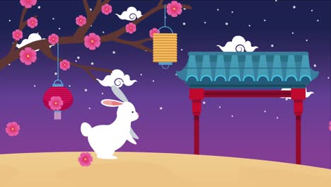 animación del festival de mediados de otoño con conejo y flores