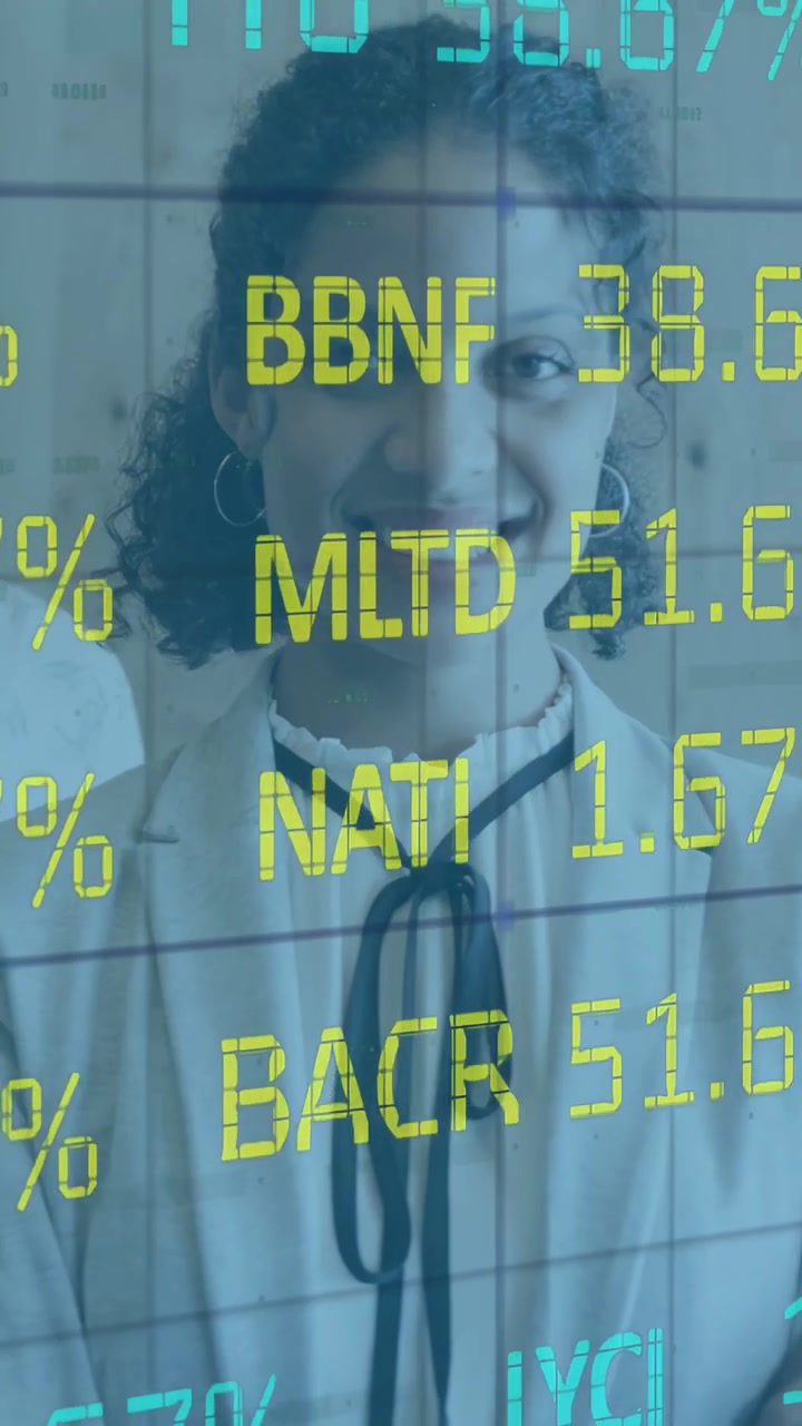 Vertical video: Woman watching finance tickers updating on glass, shifting and reacting in meeting