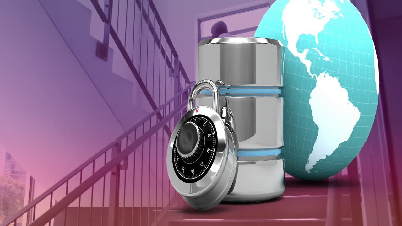 Animation of lock and globe over server, symbolizing global data security in school