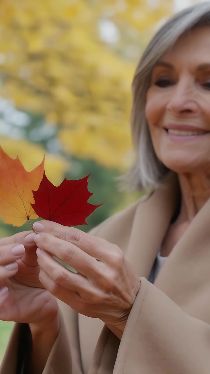 Video verticale: Primo piano di una donna che gira foglie rosse e gialle al parco, in cappotto color cammello, mentre confronta le tonalità.